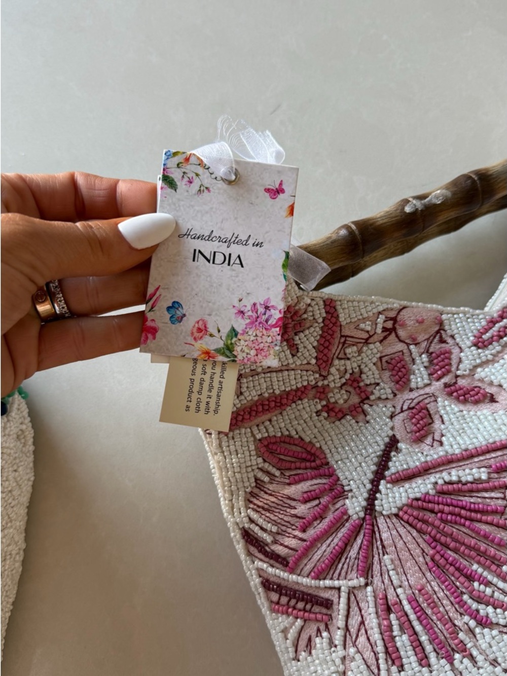 Embellished Beaded Floral Top-Handle Bag in White and Pink - Picture 4 of 6